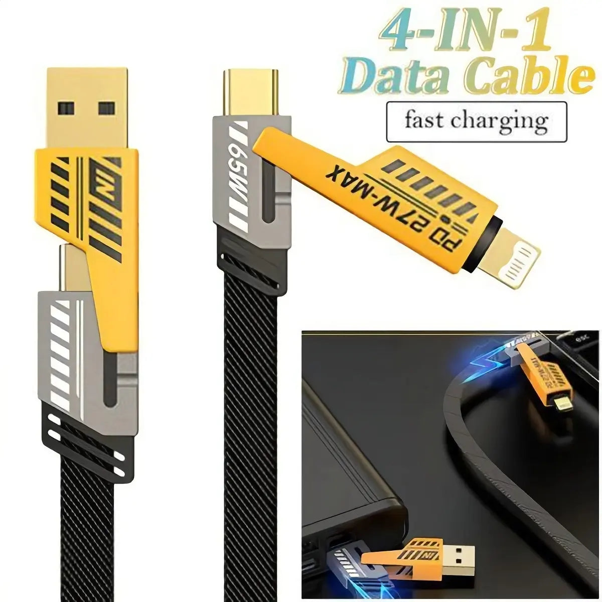 4-in-1 65W Super Fast Charging Data Cable | USB to Type-C, Lightning & Micro USB | Fast Charging & Data Transfer | Premium Braided Cable