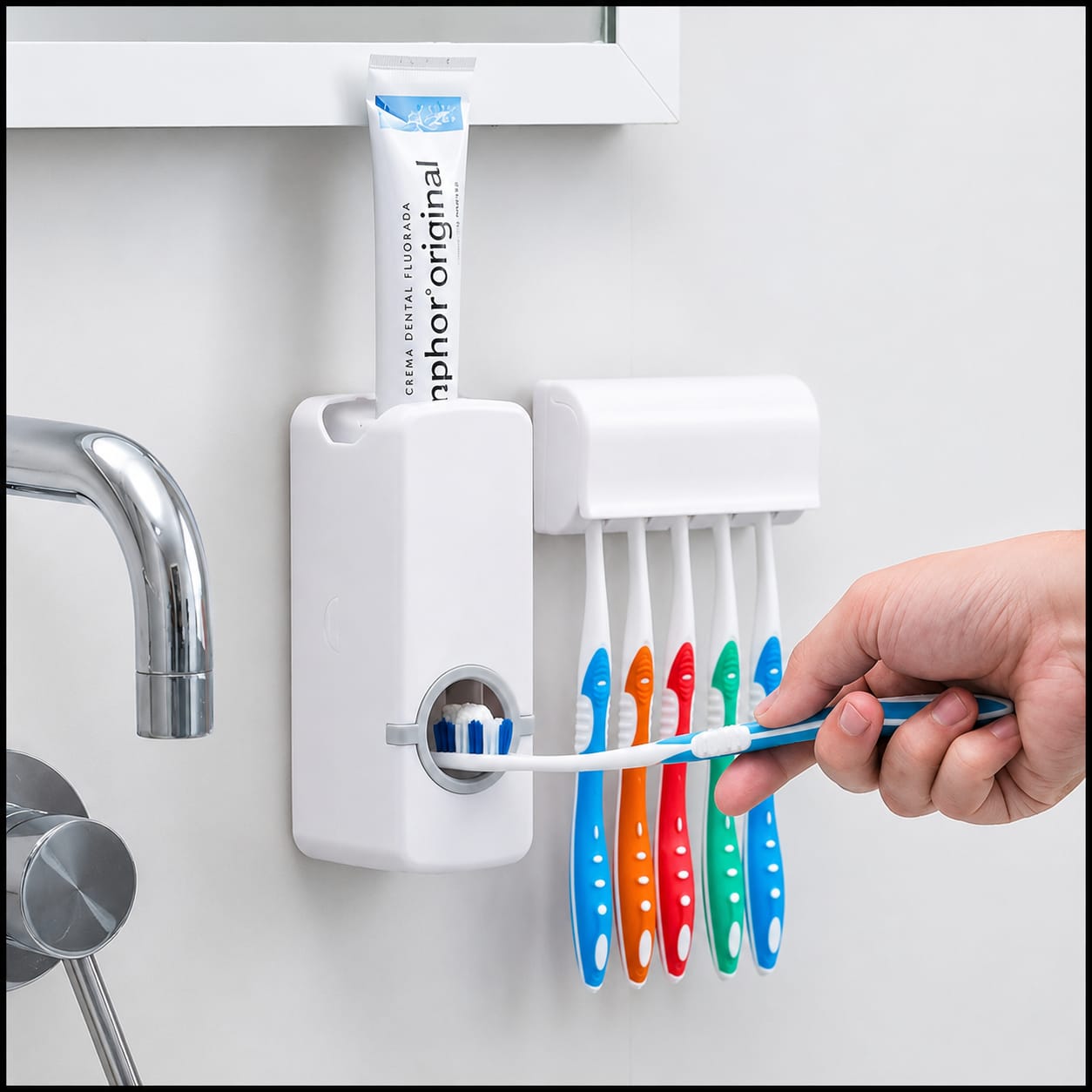 Automatic Toothpaste Dispenser with 5 Toothbrush Holder | Wall Mounted Bathroom Organizer | No Battery Required
