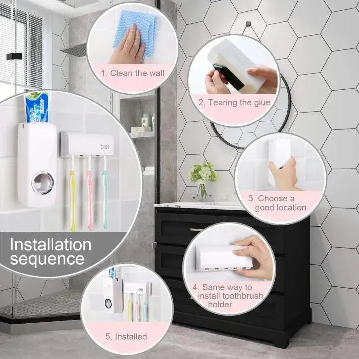 Automatic Toothpaste Dispenser with 5 Toothbrush Holder | Wall Mounted Bathroom Organizer | No Battery Required