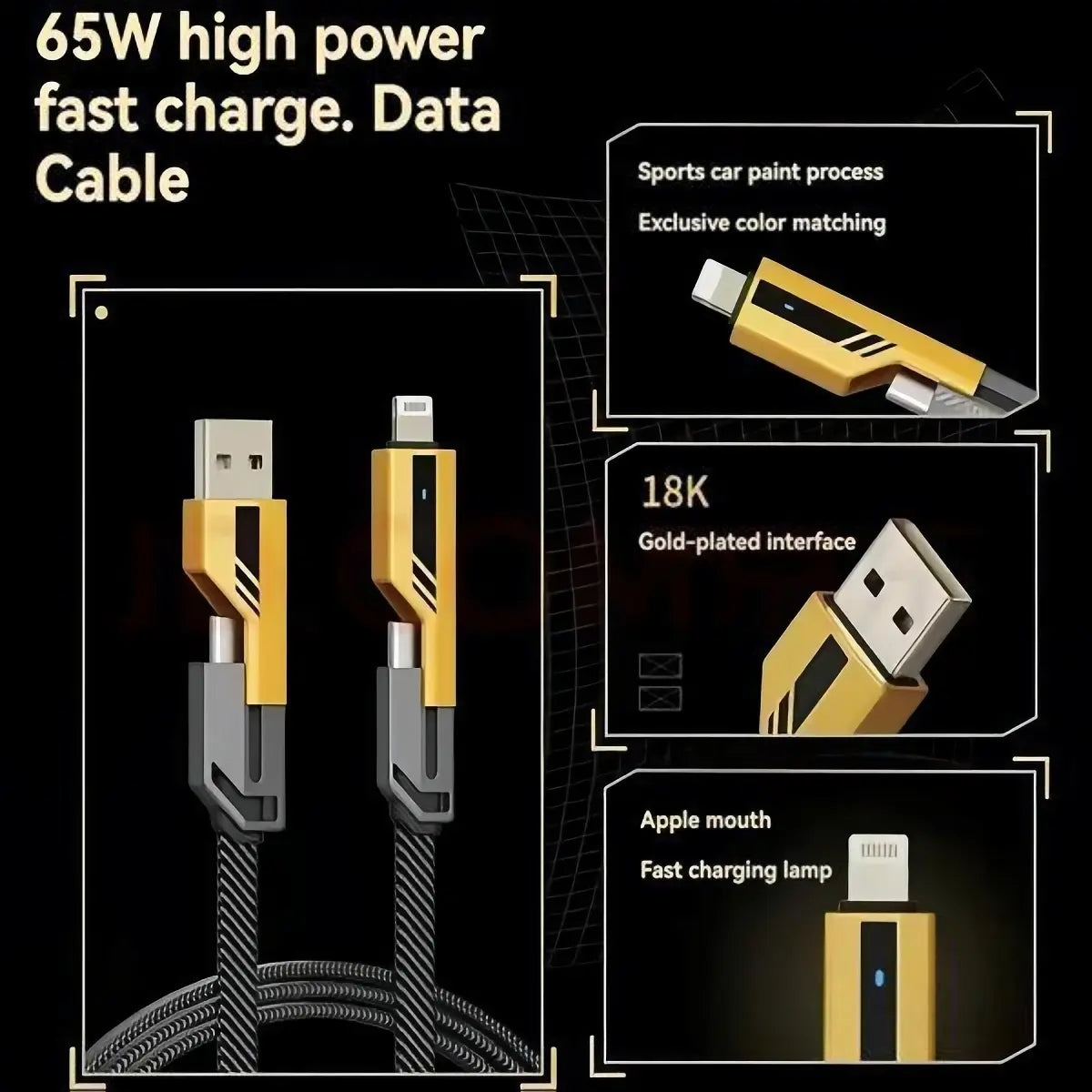 4-in-1 65W Super Fast Charging Data Cable | USB to Type-C, Lightning & Micro USB | Fast Charging & Data Transfer | Premium Braided Cable