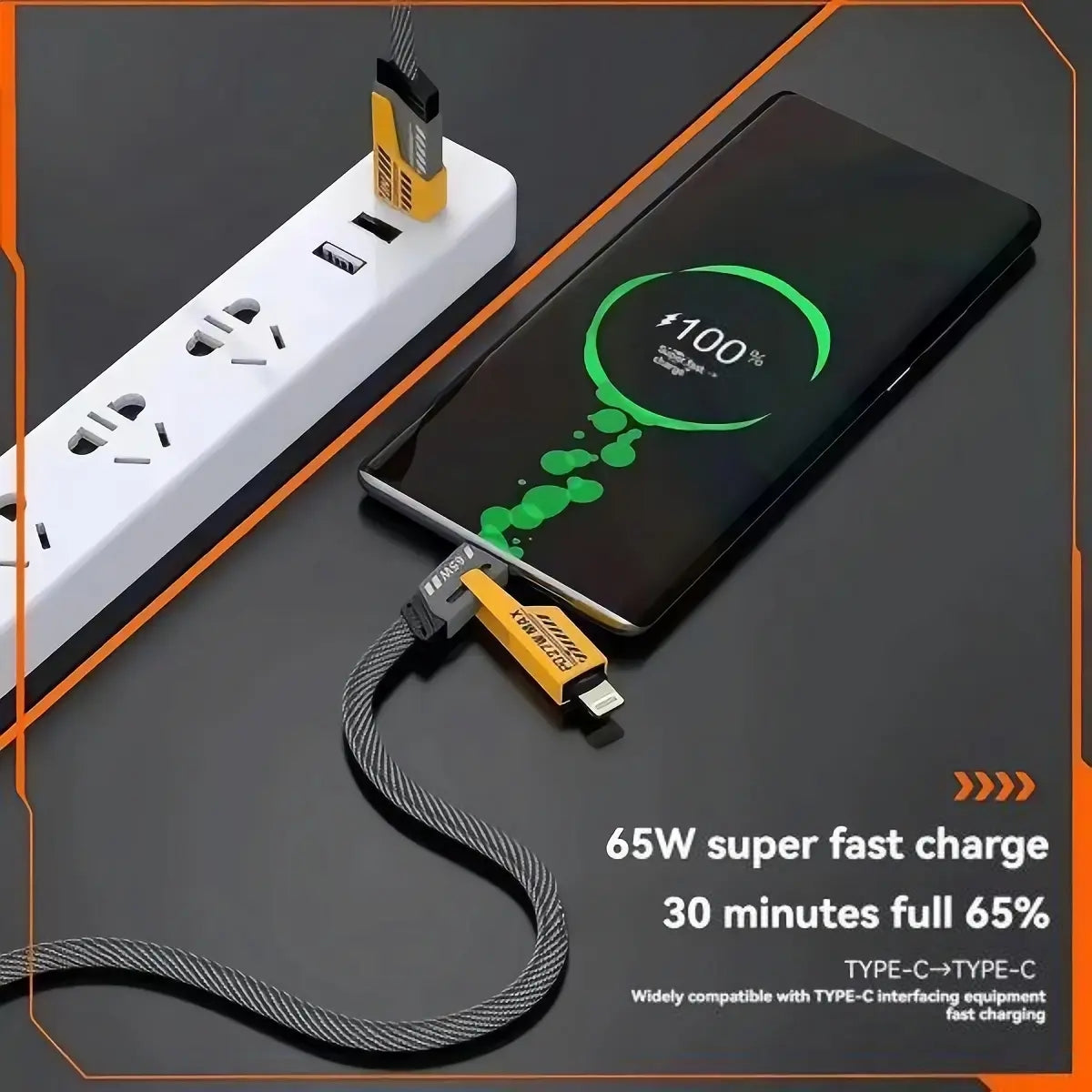 4-in-1 65W Super Fast Charging Data Cable | USB to Type-C, Lightning & Micro USB | Fast Charging & Data Transfer | Premium Braided Cable