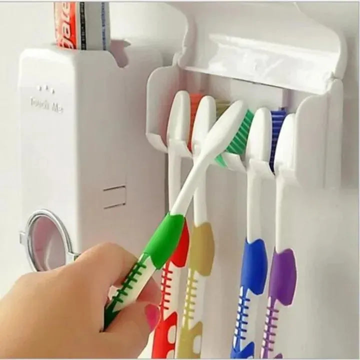 Automatic Toothpaste Dispenser with 5 Toothbrush Holder | Wall Mounted Bathroom Organizer | No Battery Required