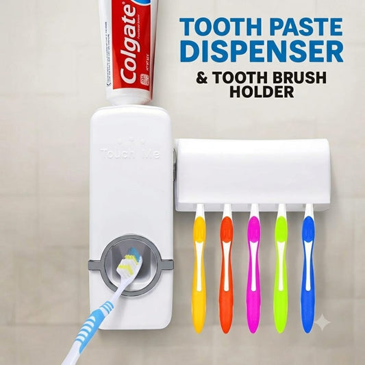 Automatic Toothpaste Dispenser with 5 Toothbrush Holder | Wall Mounted Bathroom Organizer | No Battery Required